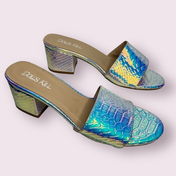 Dolls Kill Holographic Iridescent Pure Prismatic Poison Snake Block Heel Sandals - Picture 1 of 15